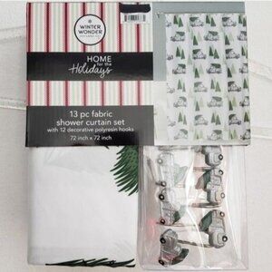 Chirstmas Holiday White & Green Jolly Truck 13-Piece Shower Curtain Set
